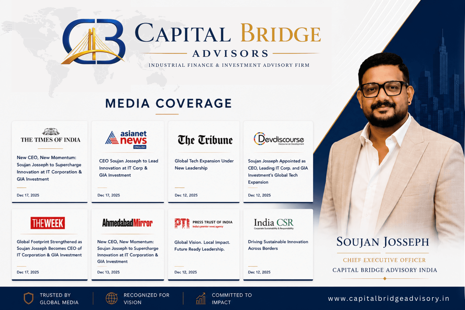Capital Bridge Advisors media coverage sheet: press features on Chief Executive Officer Soujan Josseph across The Times of India, The Week, Asianet News, Ahmedabad Mirror, Devdiscourse, The Tribune, Press Trust of India, and India CSR.